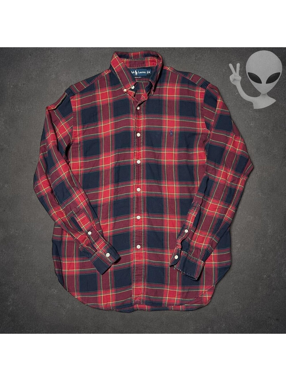 Polo Ralph Lauren Shirt Mens US M Red Navy Plaid Cotton Classic Fit Button Up
